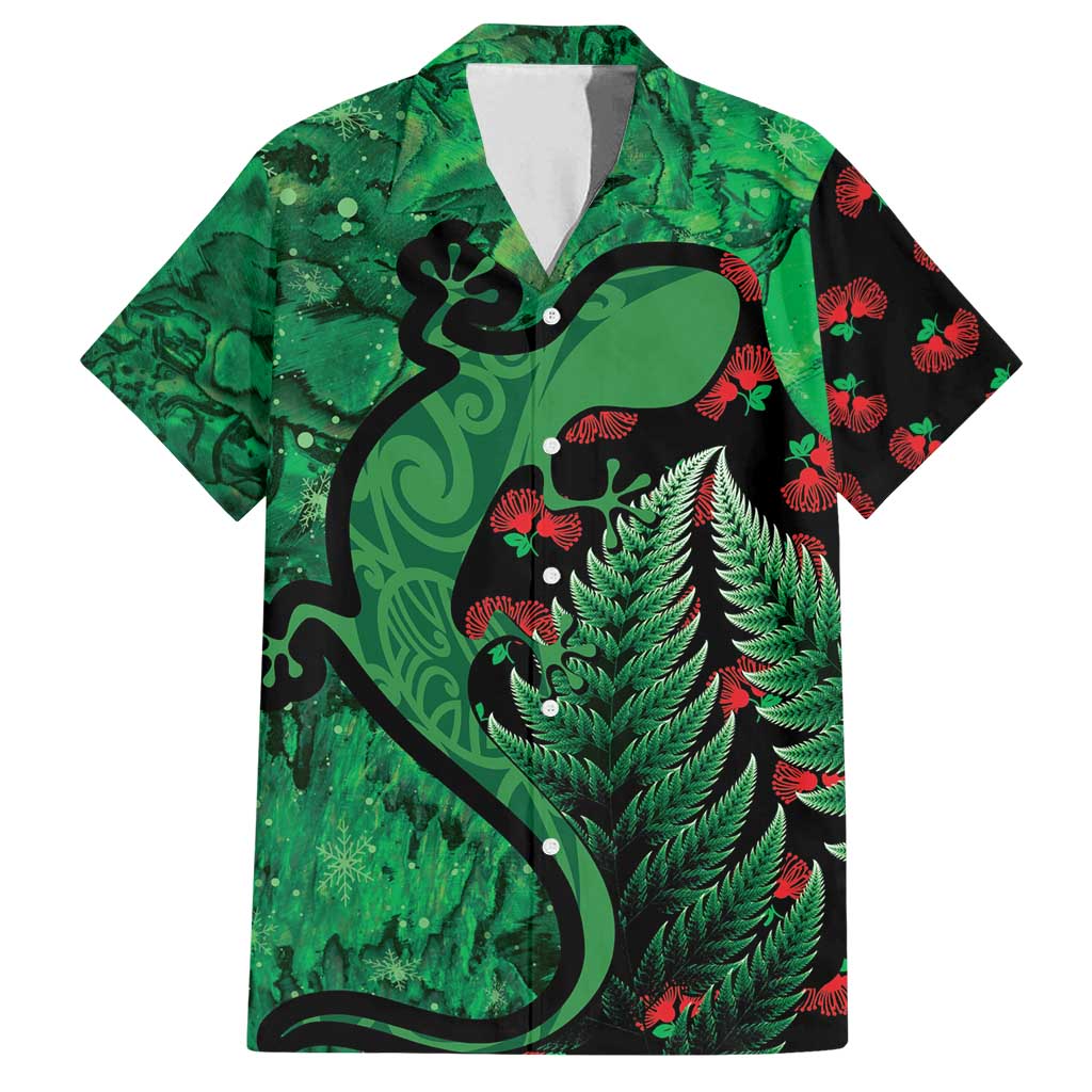 New Zealand Gecko Christmas Family Matching Long Sleeve Bodycon Dress and Hawaiian Shirt Meri Kirihimete Paua Shell Mix Pohutukawa