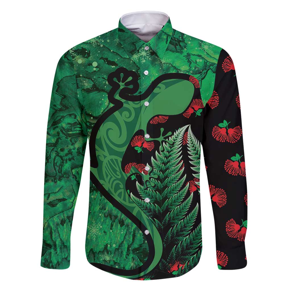 New Zealand Gecko Christmas Family Matching Long Sleeve Bodycon Dress and Hawaiian Shirt Meri Kirihimete Paua Shell Mix Pohutukawa