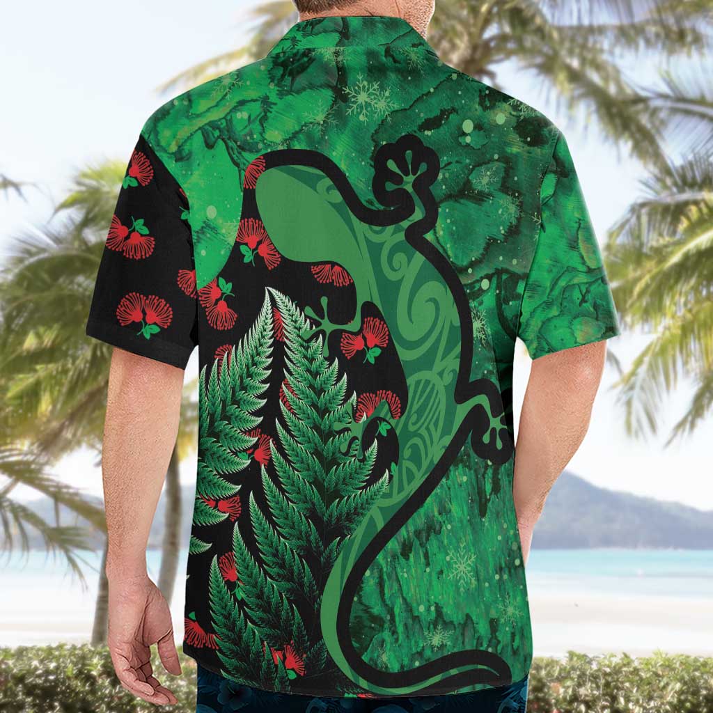 New Zealand Gecko Christmas Hawaiian Shirt Meri Kirihimete Paua Shell Mix Pohutukawa