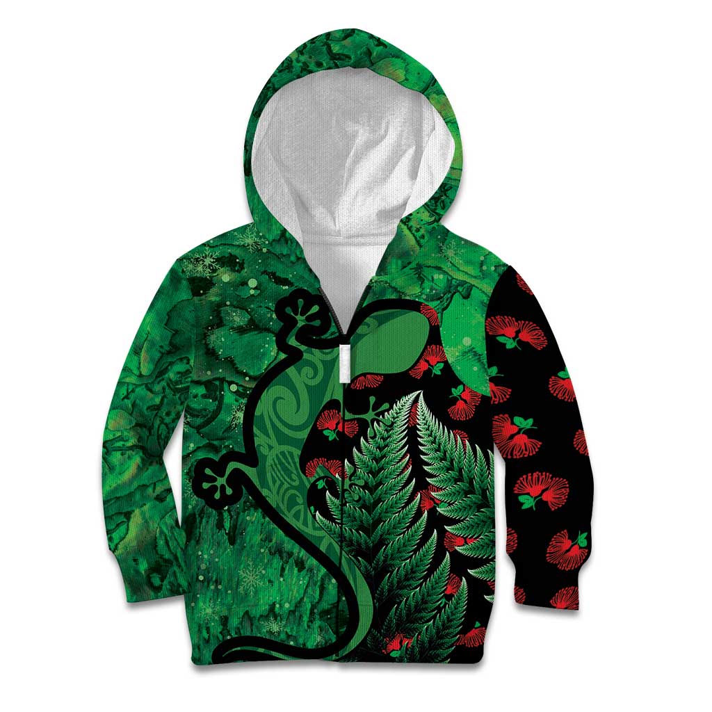 New Zealand Gecko Christmas Kid Hoodie Meri Kirihimete Paua Shell Mix Pohutukawa