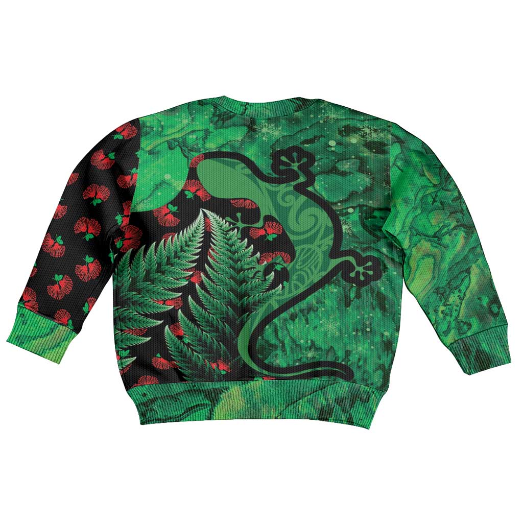 New Zealand Gecko Christmas Kid Ugly Christmas Sweater Meri Kirihimete Paua Shell Mix Pohutukawa
