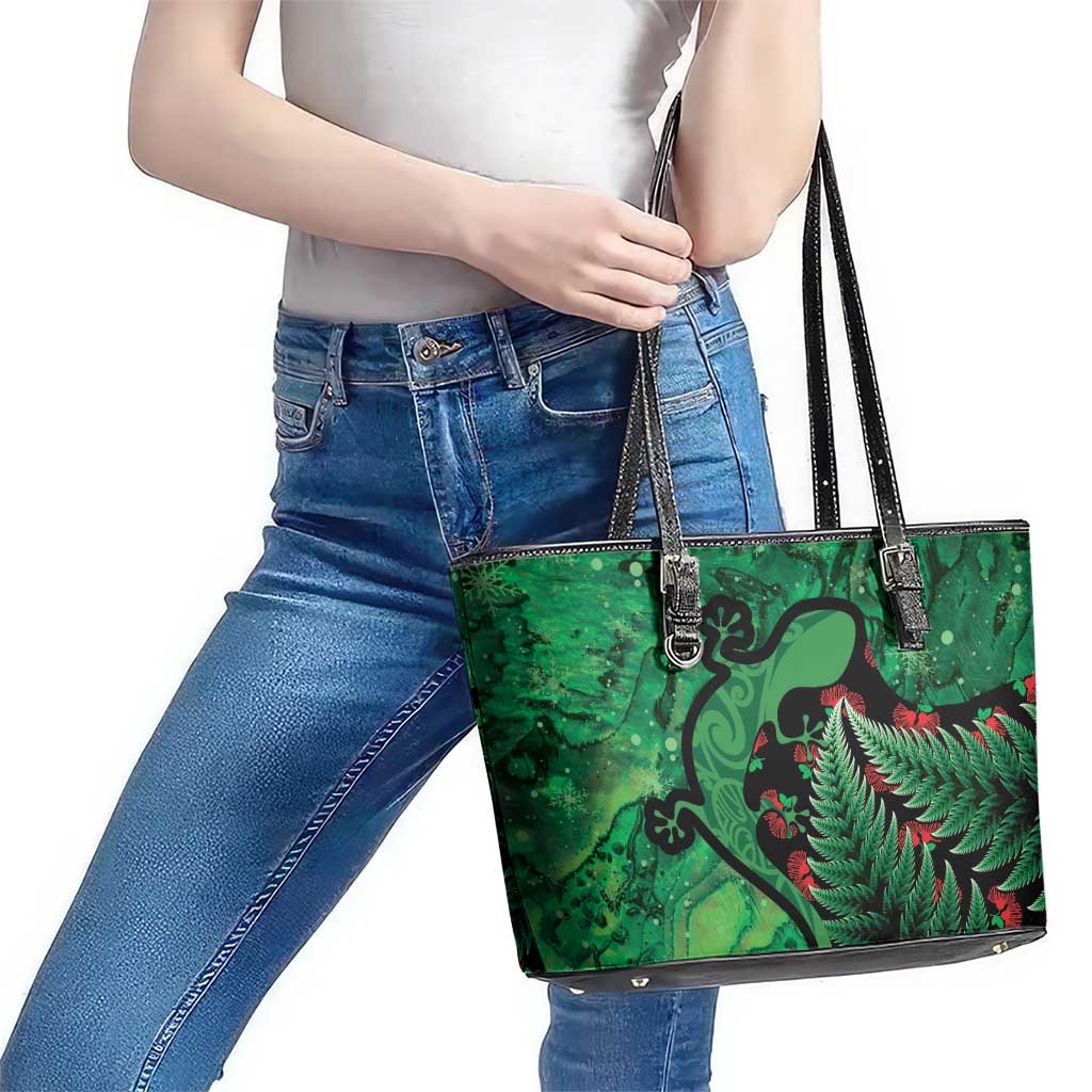 New Zealand Gecko Christmas Leather Tote Bag Meri Kirihimete Paua Shell Mix Pohutukawa