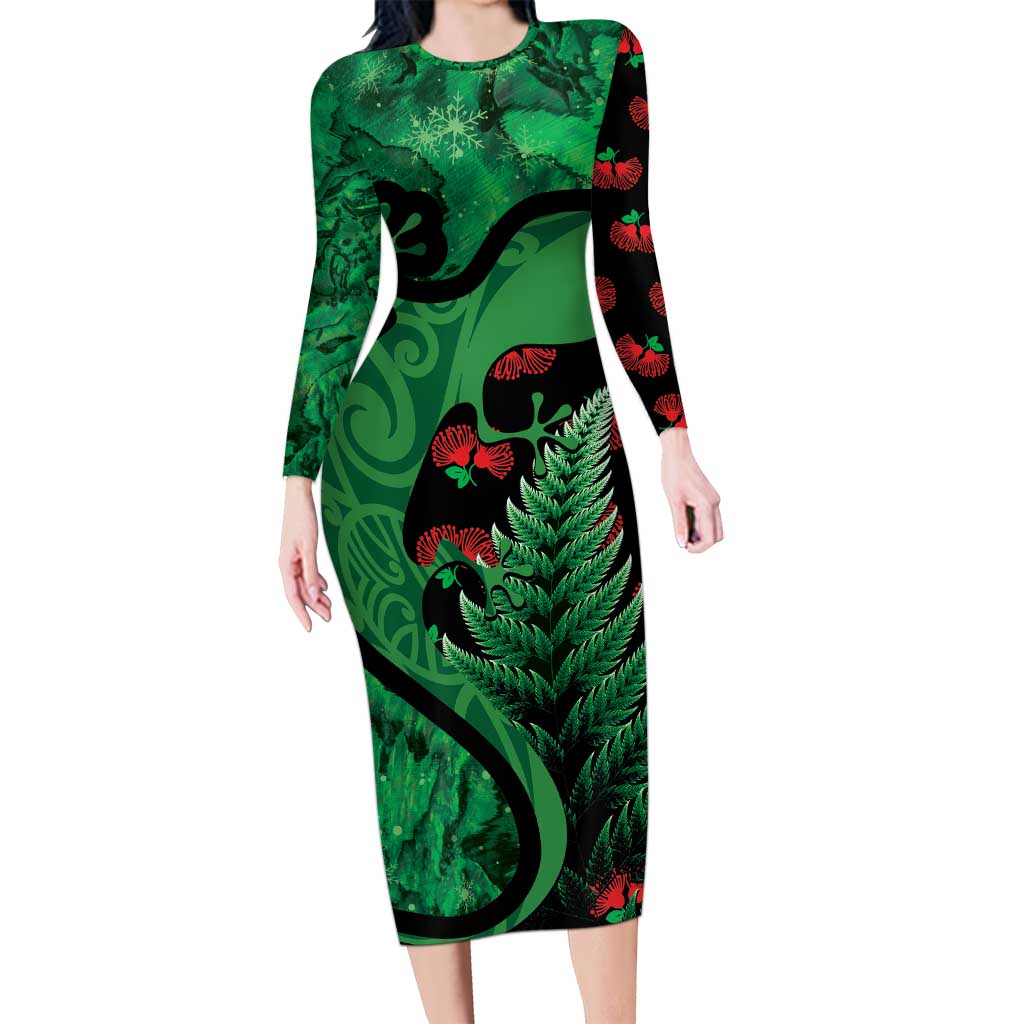 New Zealand Gecko Christmas Long Sleeve Bodycon Dress Meri Kirihimete Paua Shell Mix Pohutukawa LT14 Long Dress Green - Polynesian Pride
