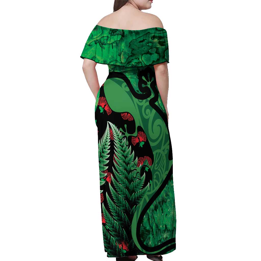New Zealand Gecko Christmas Off Shoulder Maxi Dress Meri Kirihimete Paua Shell Mix Pohutukawa