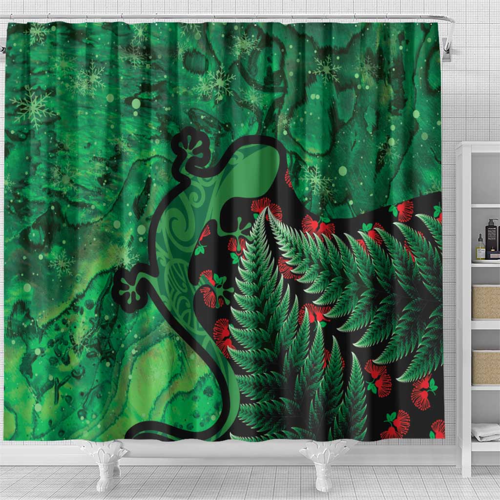 New Zealand Gecko Christmas Shower Curtain Meri Kirihimete Paua Shell Mix Pohutukawa