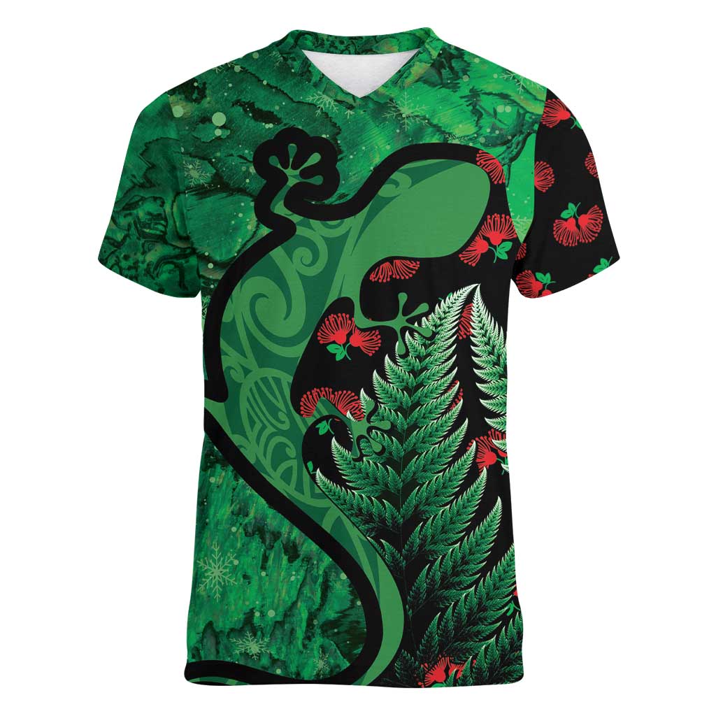 New Zealand Gecko Christmas Women V-Neck T-Shirt Meri Kirihimete Paua Shell Mix Pohutukawa