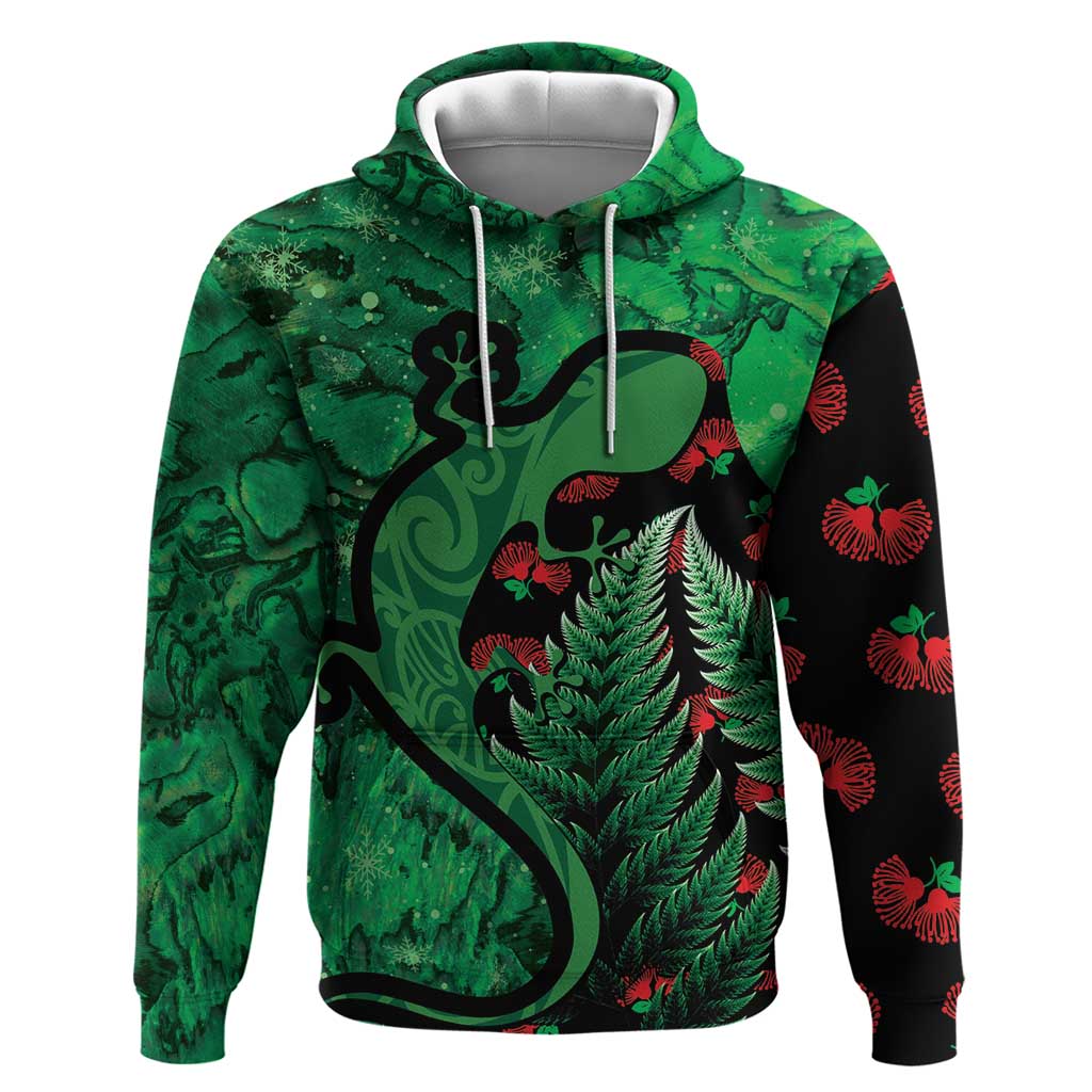 New Zealand Gecko Christmas Zip Hoodie Meri Kirihimete Paua Shell Mix Pohutukawa LT14 Pullover Hoodie Green - Polynesian Pride