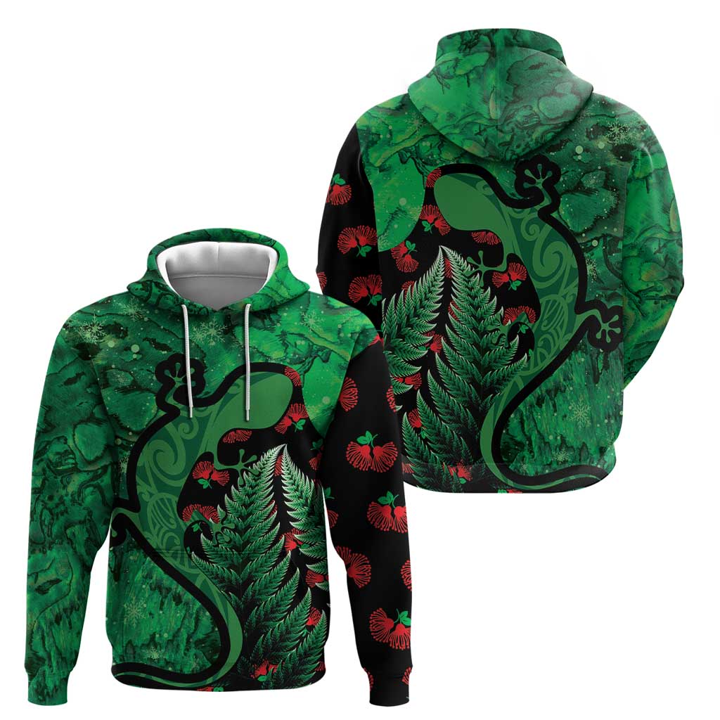 New Zealand Gecko Christmas Zip Hoodie Meri Kirihimete Paua Shell Mix Pohutukawa LT14 - Polynesian Pride