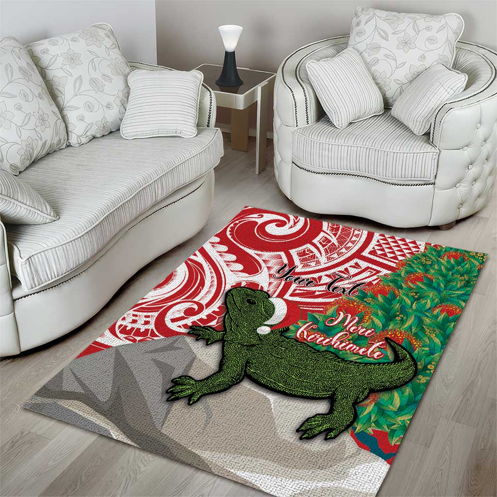Personalised New Zealand Tuatara Christmas Area Rug Meri Kirihimete Aotearoa Maori Mix Pohutukawa