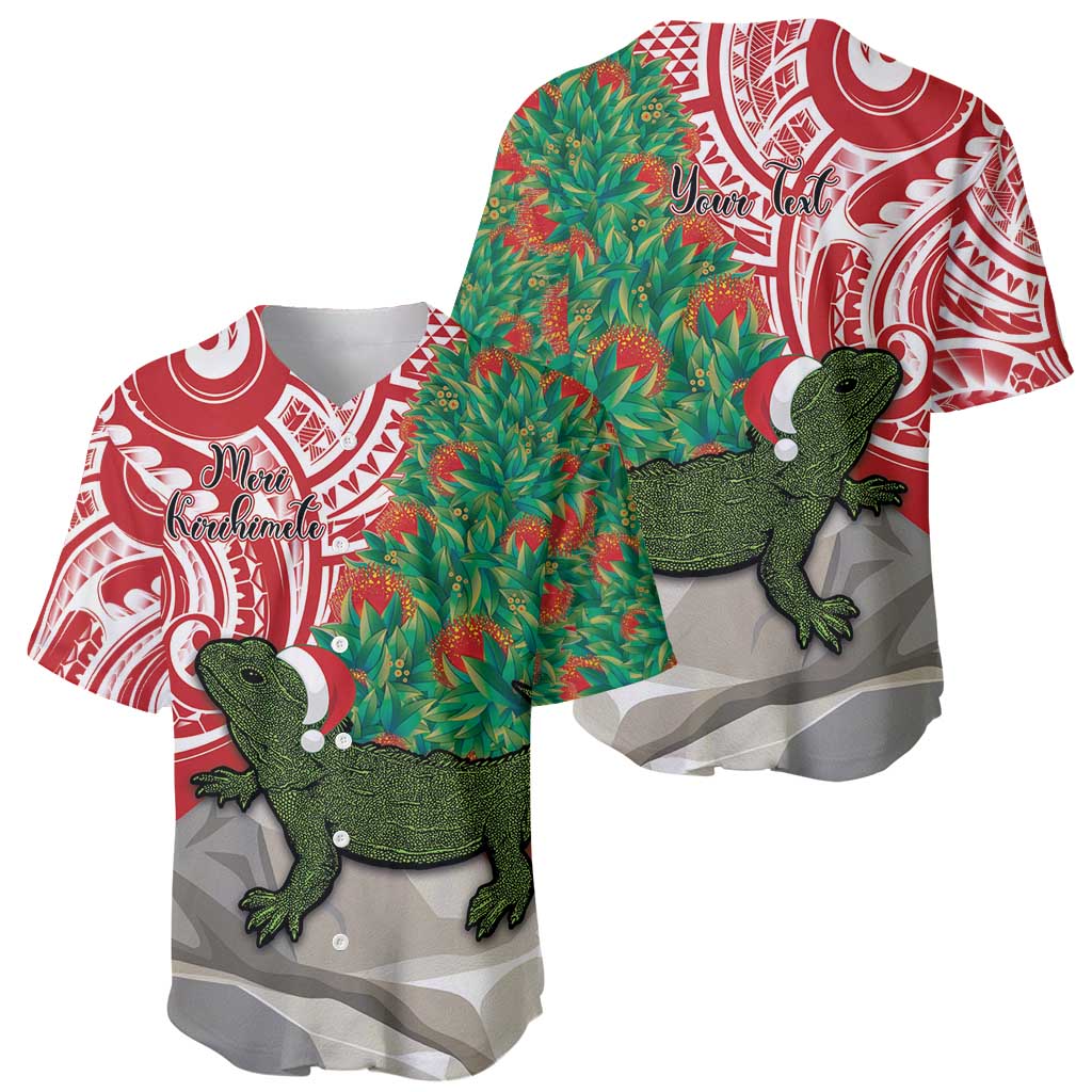 Personalised New Zealand Tuatara Christmas Baseball Jersey Meri Kirihimete Aotearoa Maori Mix Pohutukawa