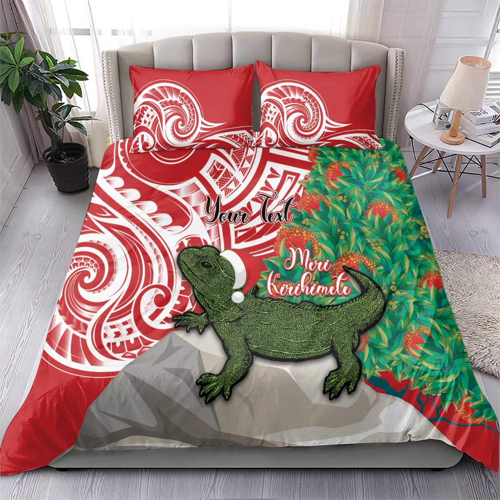 Personalised New Zealand Tuatara Christmas Bedding Set Meri Kirihimete Aotearoa Maori Mix Pohutukawa