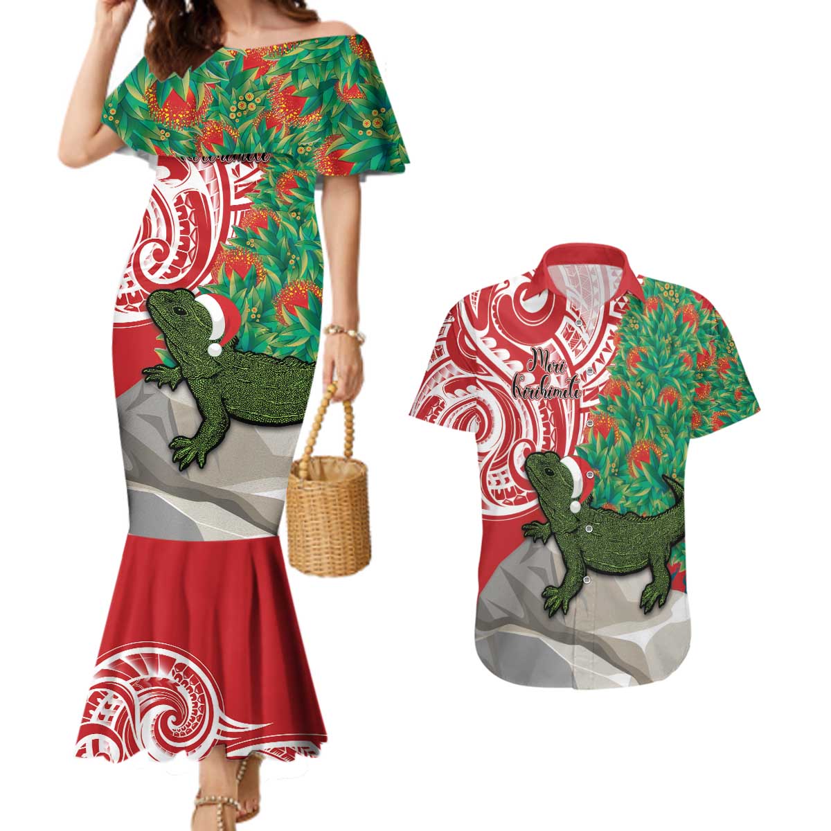 Personalised New Zealand Tuatara Christmas Couples Matching Mermaid Dress and Hawaiian Shirt Meri Kirihimete Aotearoa Maori Mix Pohutukawa LT14 Red - Polynesian Pride