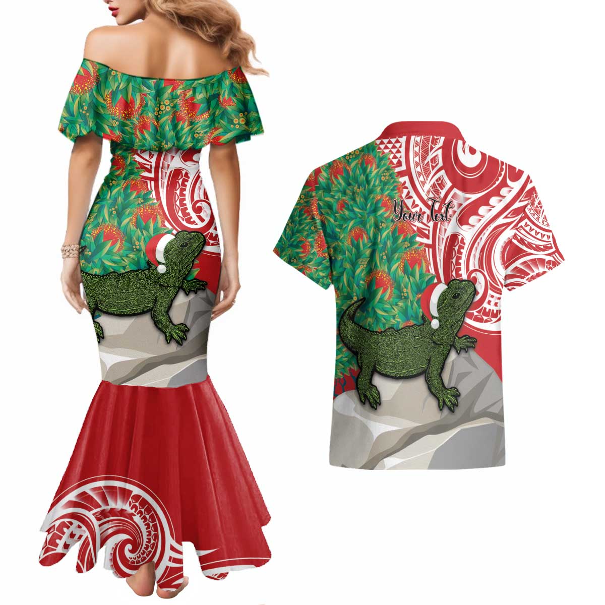 Personalised New Zealand Tuatara Christmas Couples Matching Mermaid Dress and Hawaiian Shirt Meri Kirihimete Aotearoa Maori Mix Pohutukawa LT14 - Polynesian Pride