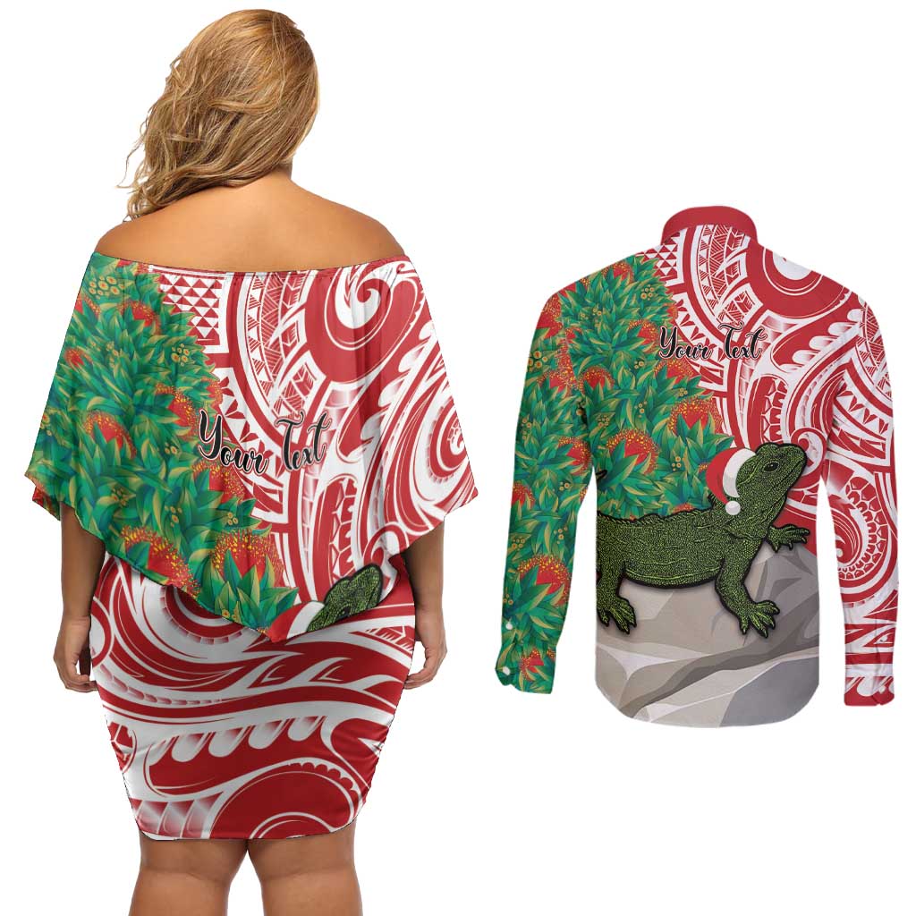 Personalised New Zealand Tuatara Christmas Couples Matching Off Shoulder Short Dress and Long Sleeve Button Shirt Meri Kirihimete Aotearoa Maori Mix Pohutukawa