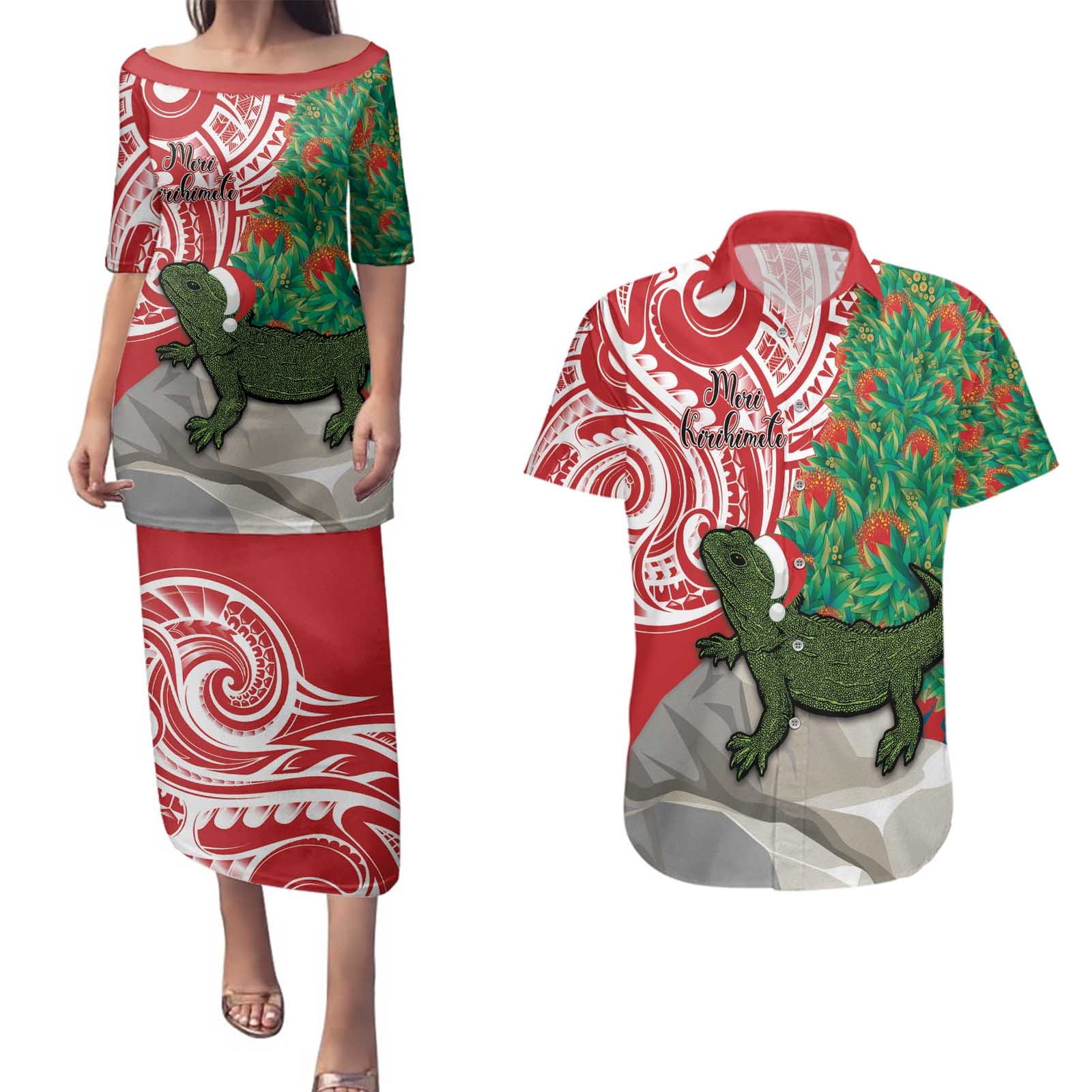 Personalised New Zealand Tuatara Christmas Couples Matching Puletasi and Hawaiian Shirt Meri Kirihimete Aotearoa Maori Mix Pohutukawa