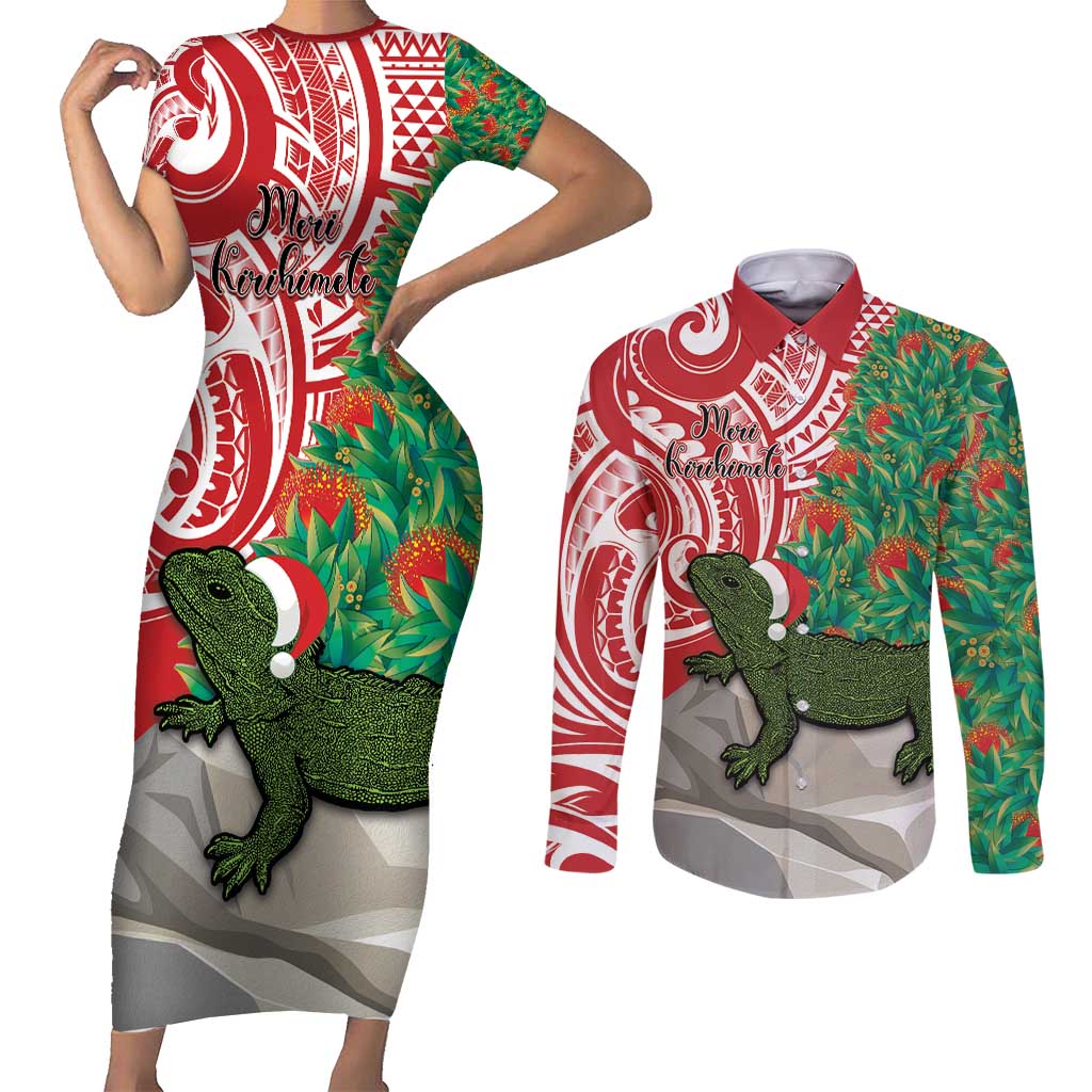 Personalised New Zealand Tuatara Christmas Couples Matching Short Sleeve Bodycon Dress and Long Sleeve Button Shirt Meri Kirihimete Aotearoa Maori Mix Pohutukawa LT14 Red - Polynesian Pride