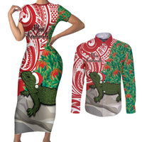 Personalised New Zealand Tuatara Christmas Couples Matching Short Sleeve Bodycon Dress and Long Sleeve Button Shirt Meri Kirihimete Aotearoa Maori Mix Pohutukawa LT14 Red - Polynesian Pride