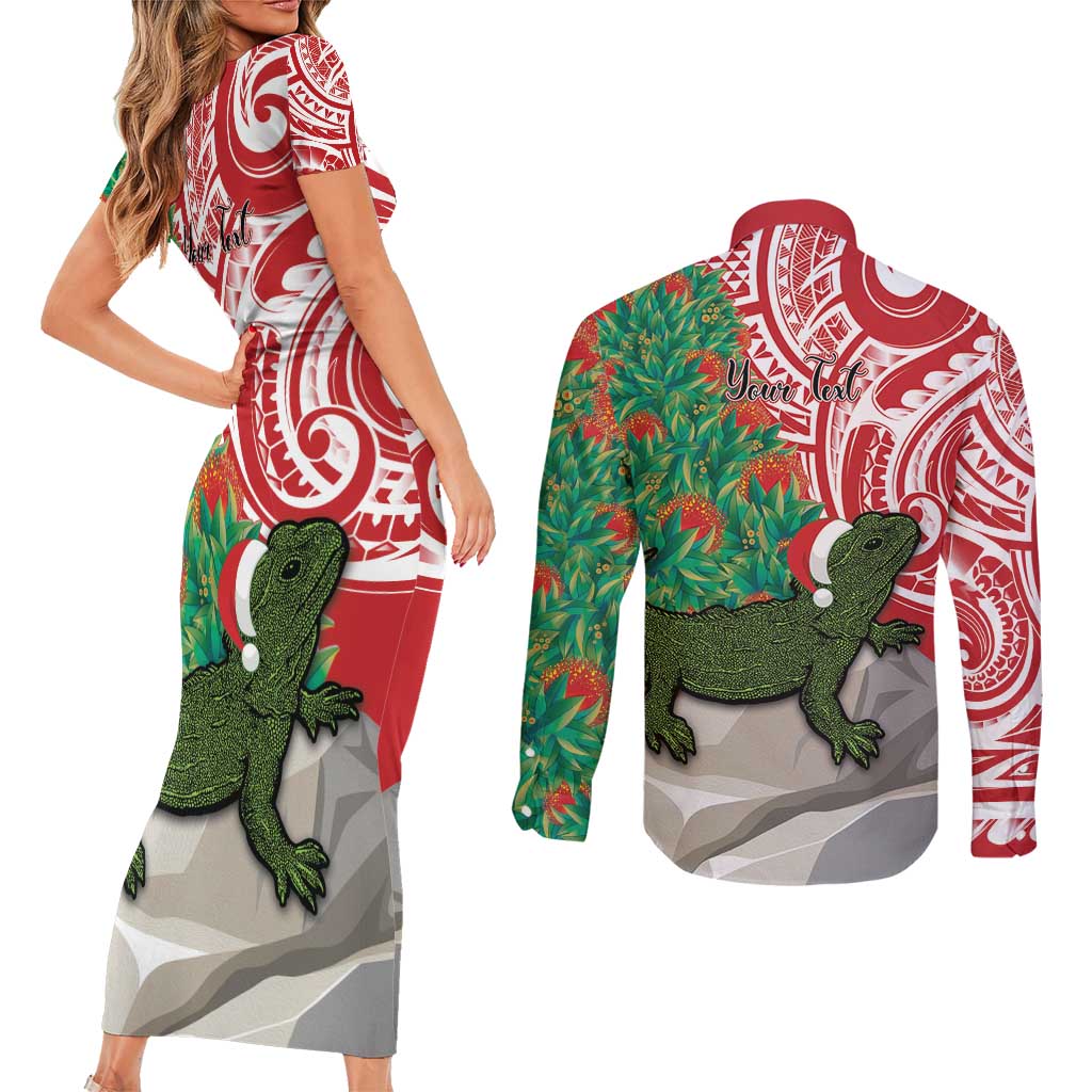 Personalised New Zealand Tuatara Christmas Couples Matching Short Sleeve Bodycon Dress and Long Sleeve Button Shirt Meri Kirihimete Aotearoa Maori Mix Pohutukawa LT14 - Polynesian Pride