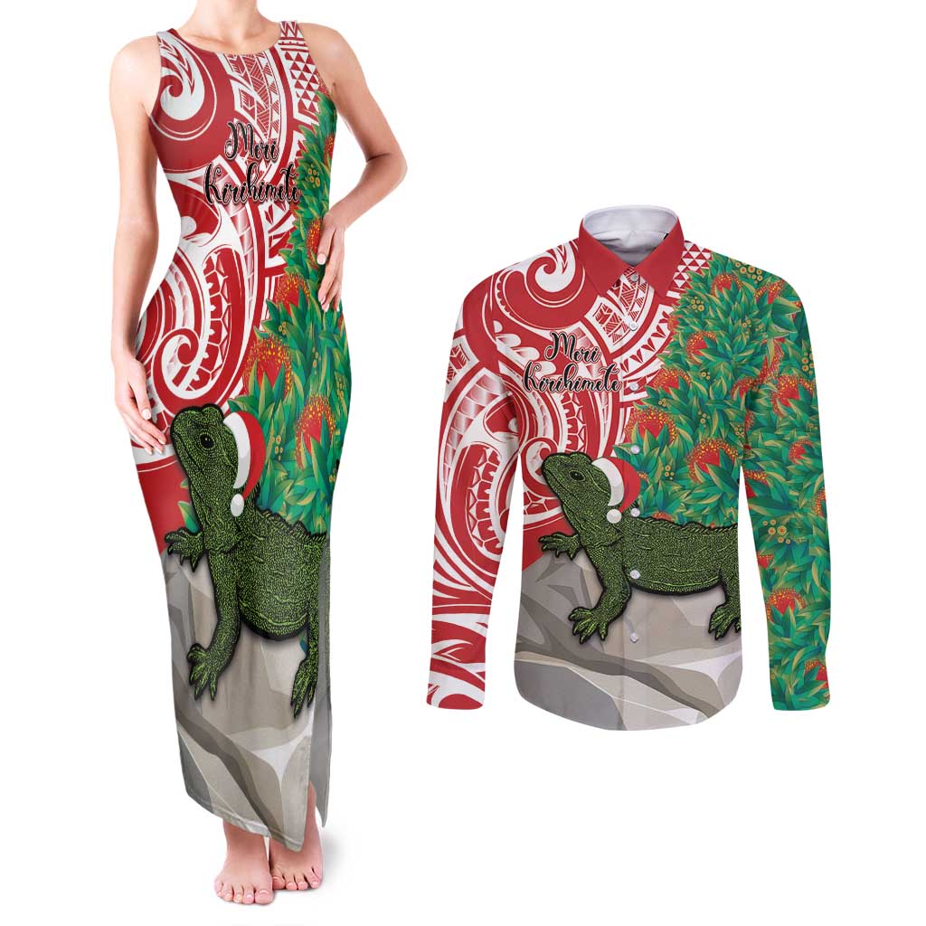 Personalised New Zealand Tuatara Christmas Couples Matching Tank Maxi Dress and Long Sleeve Button Shirt Meri Kirihimete Aotearoa Maori Mix Pohutukawa LT14 Red - Polynesian Pride