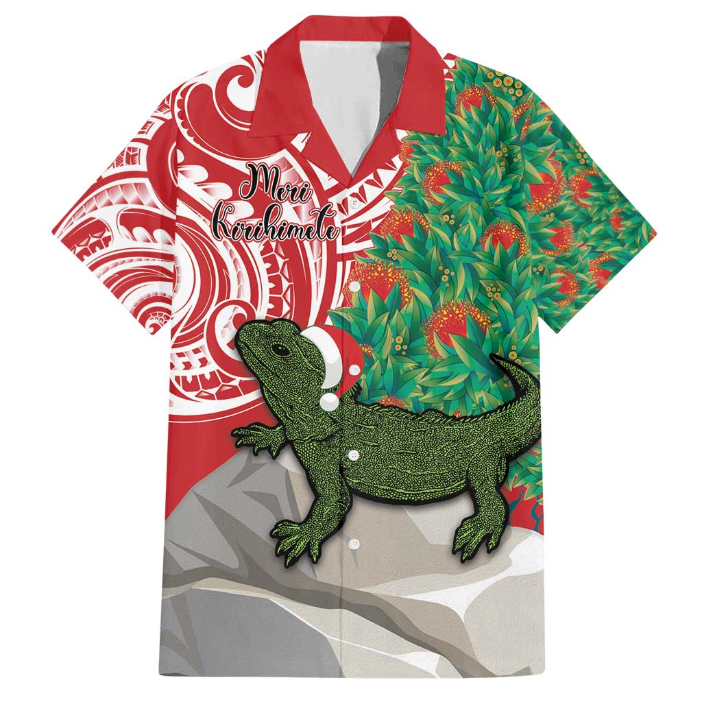 Personalised New Zealand Tuatara Christmas Family Matching Long Sleeve Bodycon Dress and Hawaiian Shirt Meri Kirihimete Aotearoa Maori Mix Pohutukawa LT14 Dad's Shirt - Short Sleeve Red - Polynesian Pride