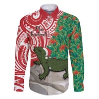 Personalised New Zealand Tuatara Christmas Family Matching Long Sleeve Bodycon Dress and Hawaiian Shirt Meri Kirihimete Aotearoa Maori Mix Pohutukawa LT14 Dad's Shirt - Long Sleeve Red - Polynesian Pride