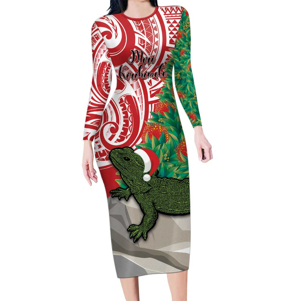 Personalised New Zealand Tuatara Christmas Family Matching Long Sleeve Bodycon Dress and Hawaiian Shirt Meri Kirihimete Aotearoa Maori Mix Pohutukawa LT14 Mom's Dress Red - Polynesian Pride