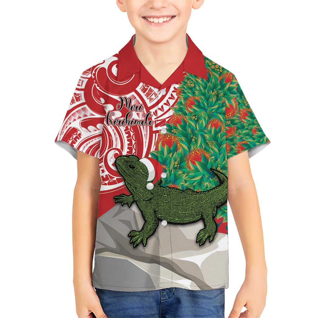 Personalised New Zealand Tuatara Christmas Family Matching Long Sleeve Bodycon Dress and Hawaiian Shirt Meri Kirihimete Aotearoa Maori Mix Pohutukawa LT14 Son's Shirt Red - Polynesian Pride