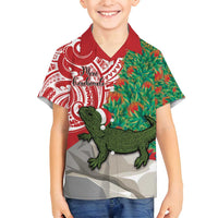Personalised New Zealand Tuatara Christmas Family Matching Long Sleeve Bodycon Dress and Hawaiian Shirt Meri Kirihimete Aotearoa Maori Mix Pohutukawa LT14 Son's Shirt Red - Polynesian Pride