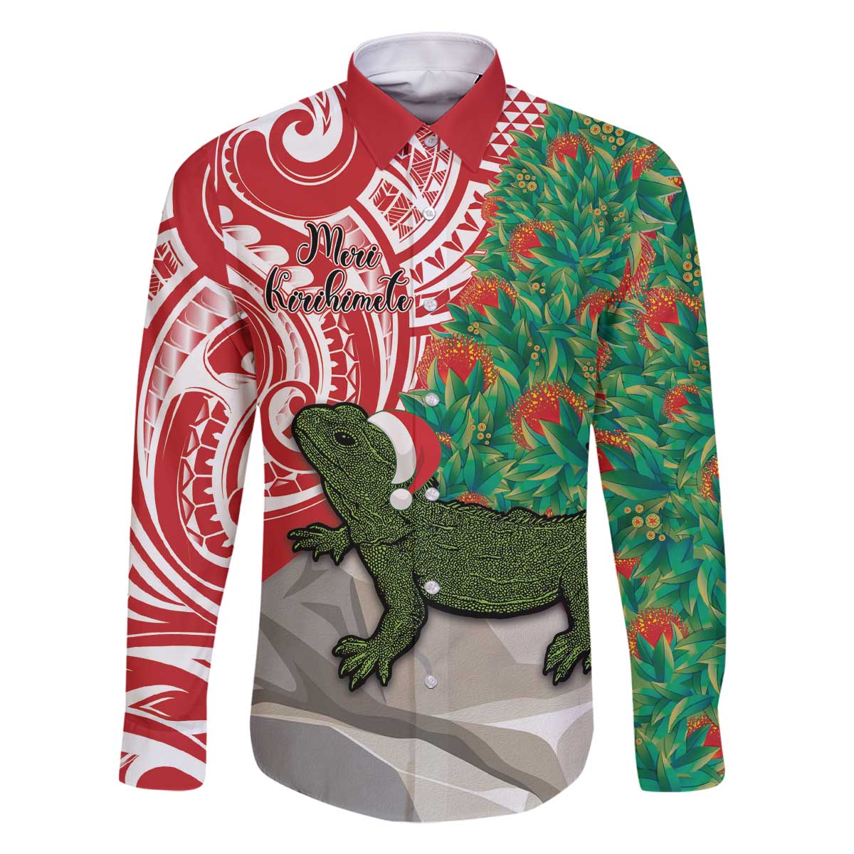 Personalised New Zealand Tuatara Christmas Family Matching Off The Shoulder Long Sleeve Dress and Hawaiian Shirt Meri Kirihimete Aotearoa Maori Mix Pohutukawa