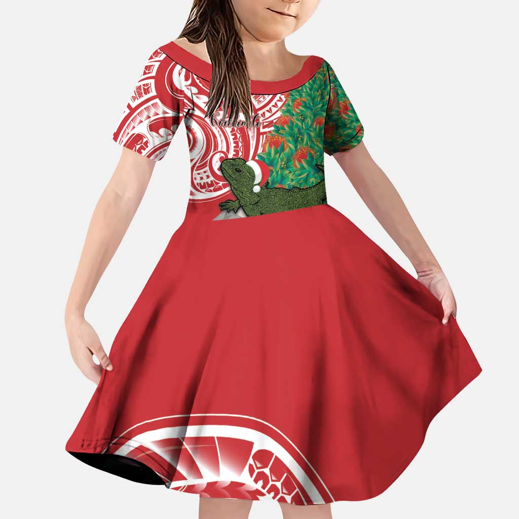 Personalised New Zealand Tuatara Christmas Family Matching Puletasi and Hawaiian Shirt Meri Kirihimete Aotearoa Maori Mix Pohutukawa LT14 Daughter's Dress Red - Polynesian Pride