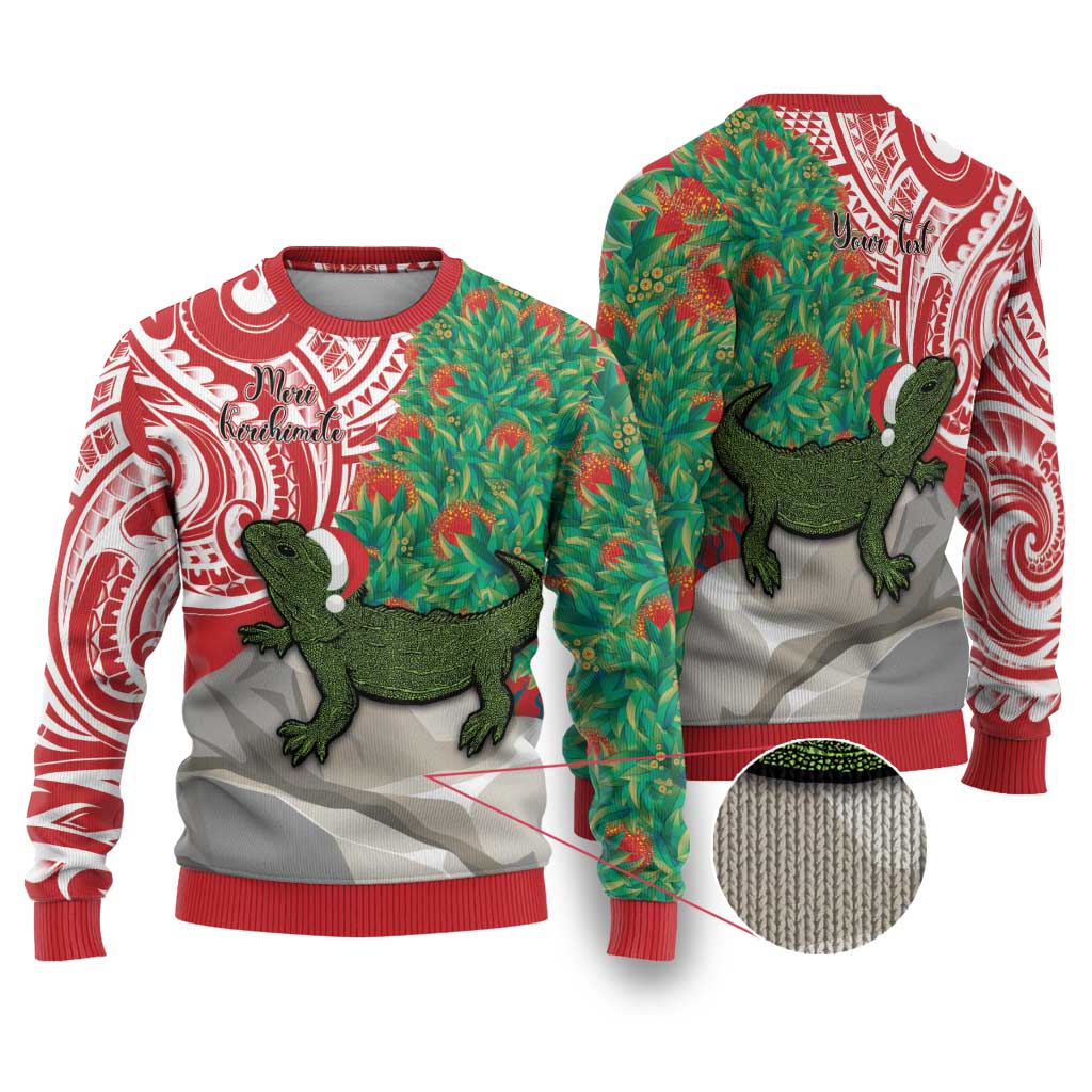 Personalised New Zealand Tuatara Christmas Ugly Christmas Sweater Meri Kirihimete Aotearoa Maori Mix Pohutukawa