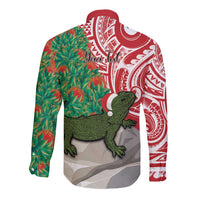 Personalised New Zealand Tuatara Christmas Long Sleeve Button Shirt Meri Kirihimete Aotearoa Maori Mix Pohutukawa