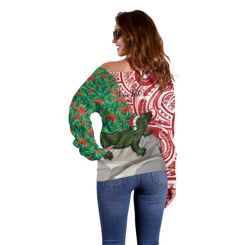 Personalised New Zealand Tuatara Christmas Off Shoulder Sweater Meri Kirihimete Aotearoa Maori Mix Pohutukawa