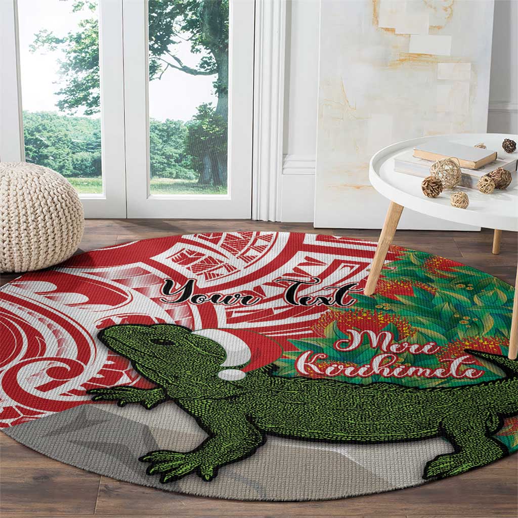 Personalised New Zealand Tuatara Christmas Round Carpet Meri Kirihimete Aotearoa Maori Mix Pohutukawa