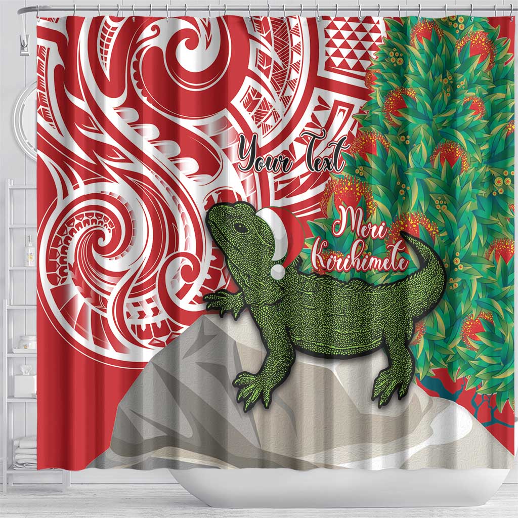 Personalised New Zealand Tuatara Christmas Shower Curtain Meri Kirihimete Aotearoa Maori Mix Pohutukawa