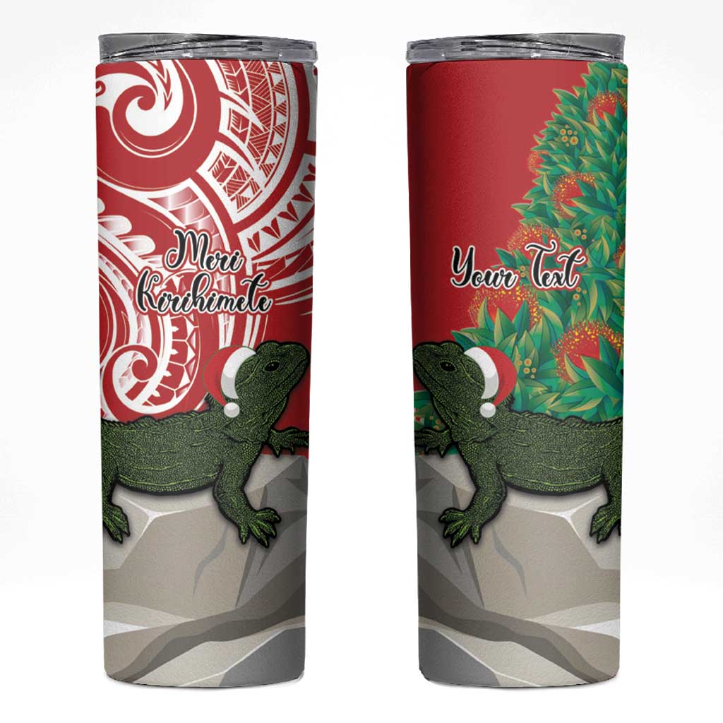 Personalised New Zealand Tuatara Christmas Skinny Tumbler Meri Kirihimete Aotearoa Maori Mix Pohutukawa