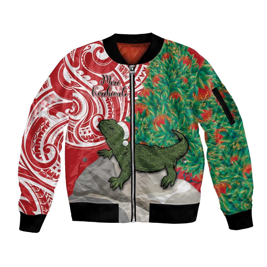 Personalised New Zealand Tuatara Christmas Sleeve Zip Bomber Jacket Meri Kirihimete Aotearoa Maori Mix Pohutukawa