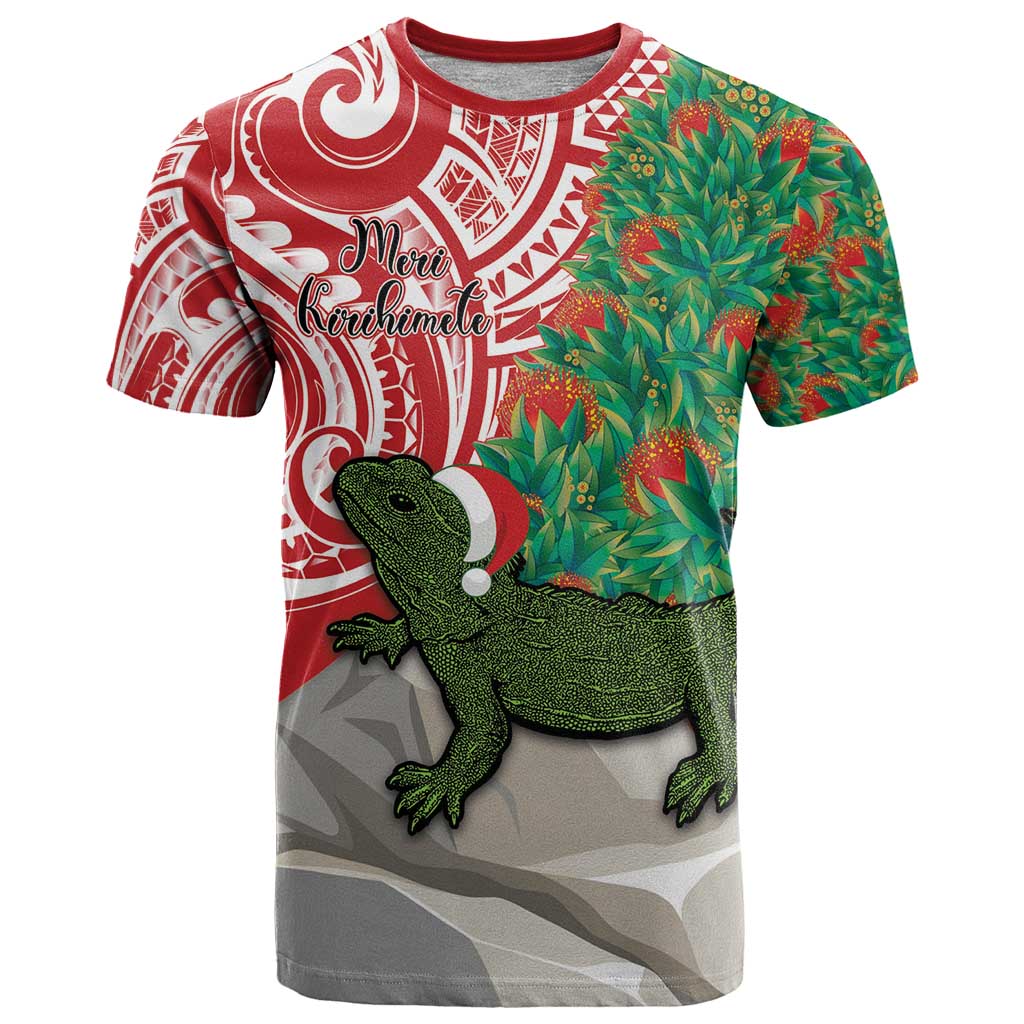 Personalised New Zealand Tuatara Christmas T Shirt Meri Kirihimete Aotearoa Maori Mix Pohutukawa