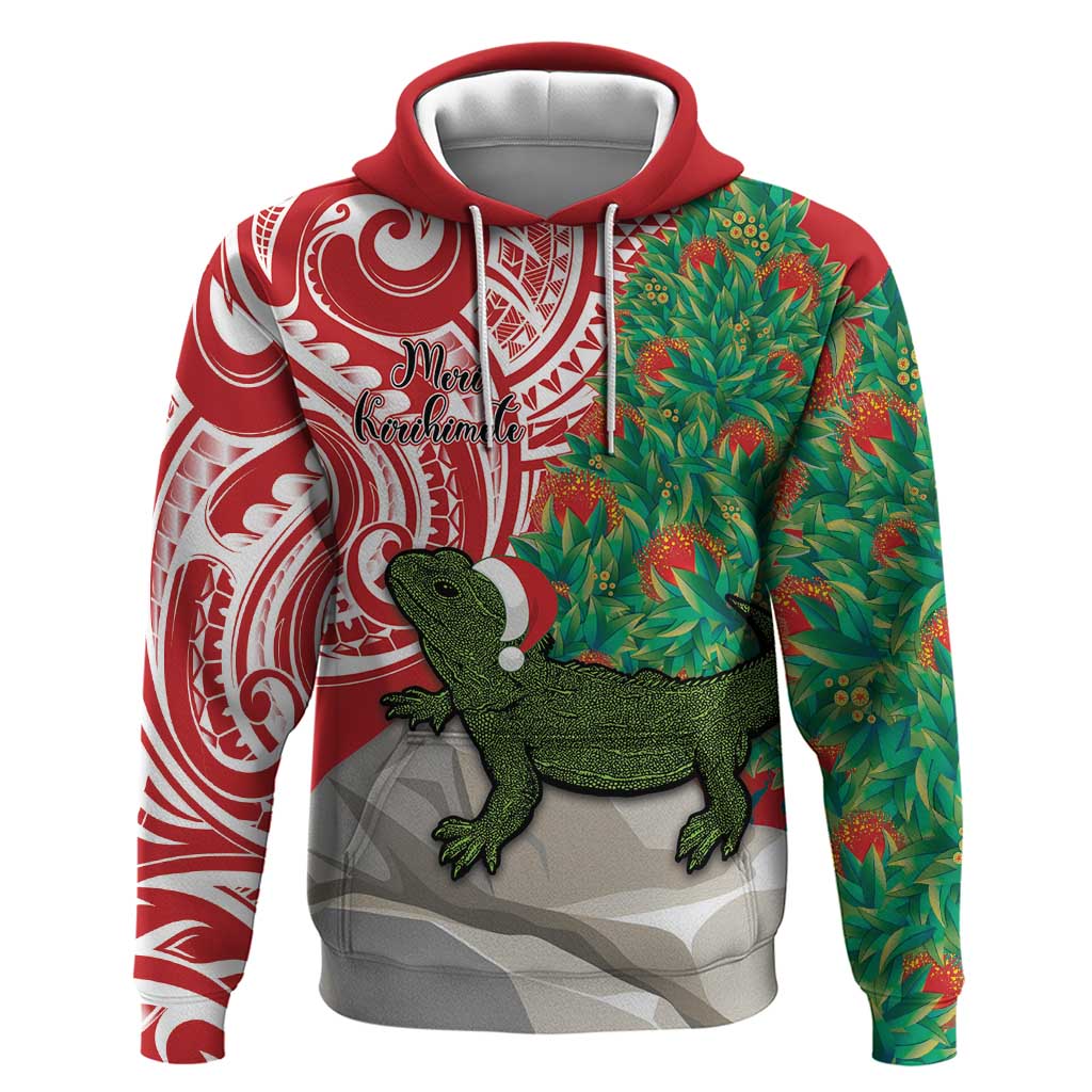 Personalised New Zealand Tuatara Christmas Zip Hoodie Meri Kirihimete Aotearoa Maori Mix Pohutukawa LT14 Pullover Hoodie Red - Polynesian Pride