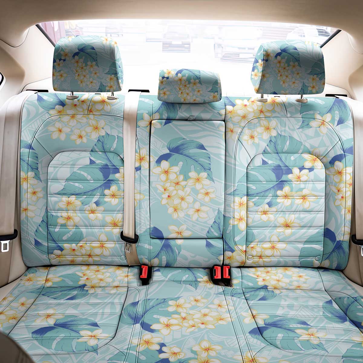 Pastel Cyan Tropical Hawaii Back Car Seat Cover Seamless Monstera Plumeria Hawaiian Pattern - Polynesian Pride