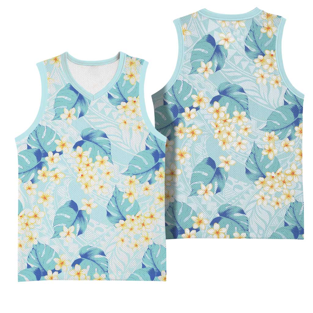 Pastel Cyan Tropical Hawaii Basketball Jersey Seamless Monstera Plumeria Hawaiian Pattern - Polynesian Pride