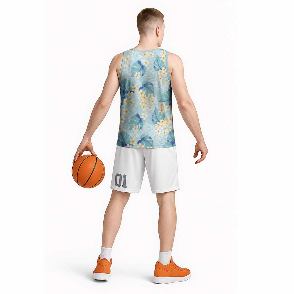 Pastel Cyan Tropical Hawaii Basketball Jersey Seamless Monstera Plumeria Hawaiian Pattern - Polynesian Pride