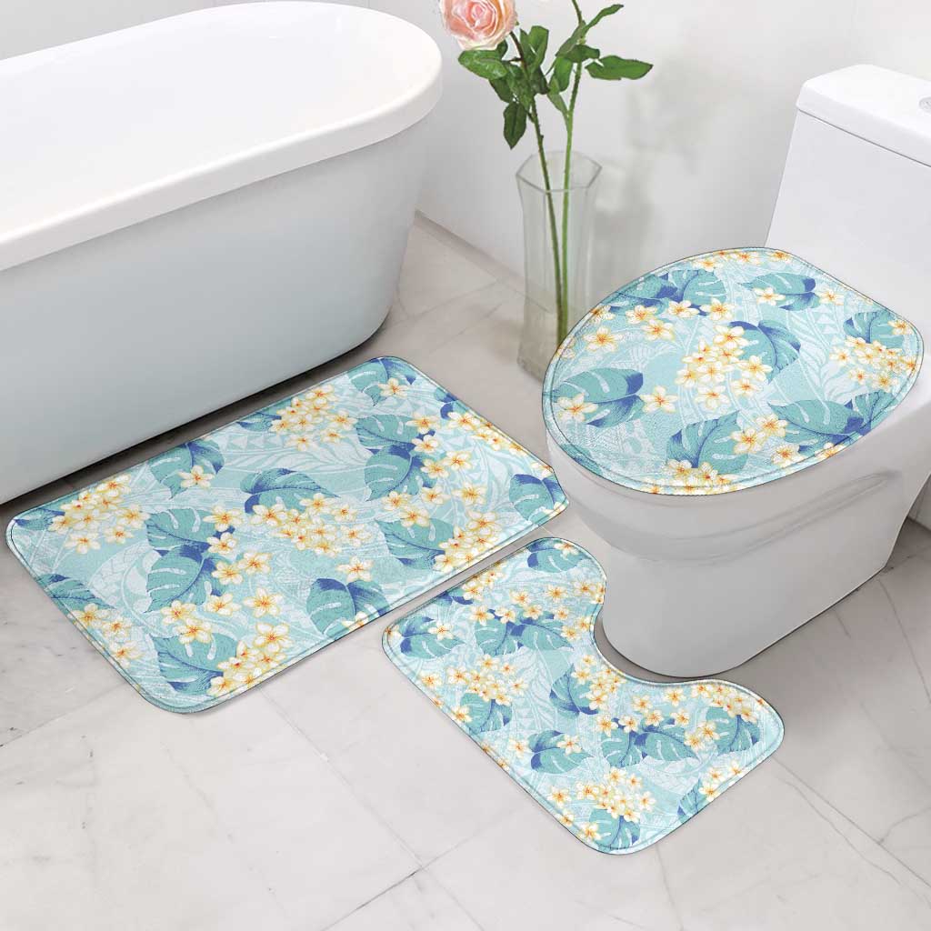 Pastel Cyan Tropical Hawaii Bathroom Set Seamless Monstera Plumeria Hawaiian Pattern - Polynesian Pride