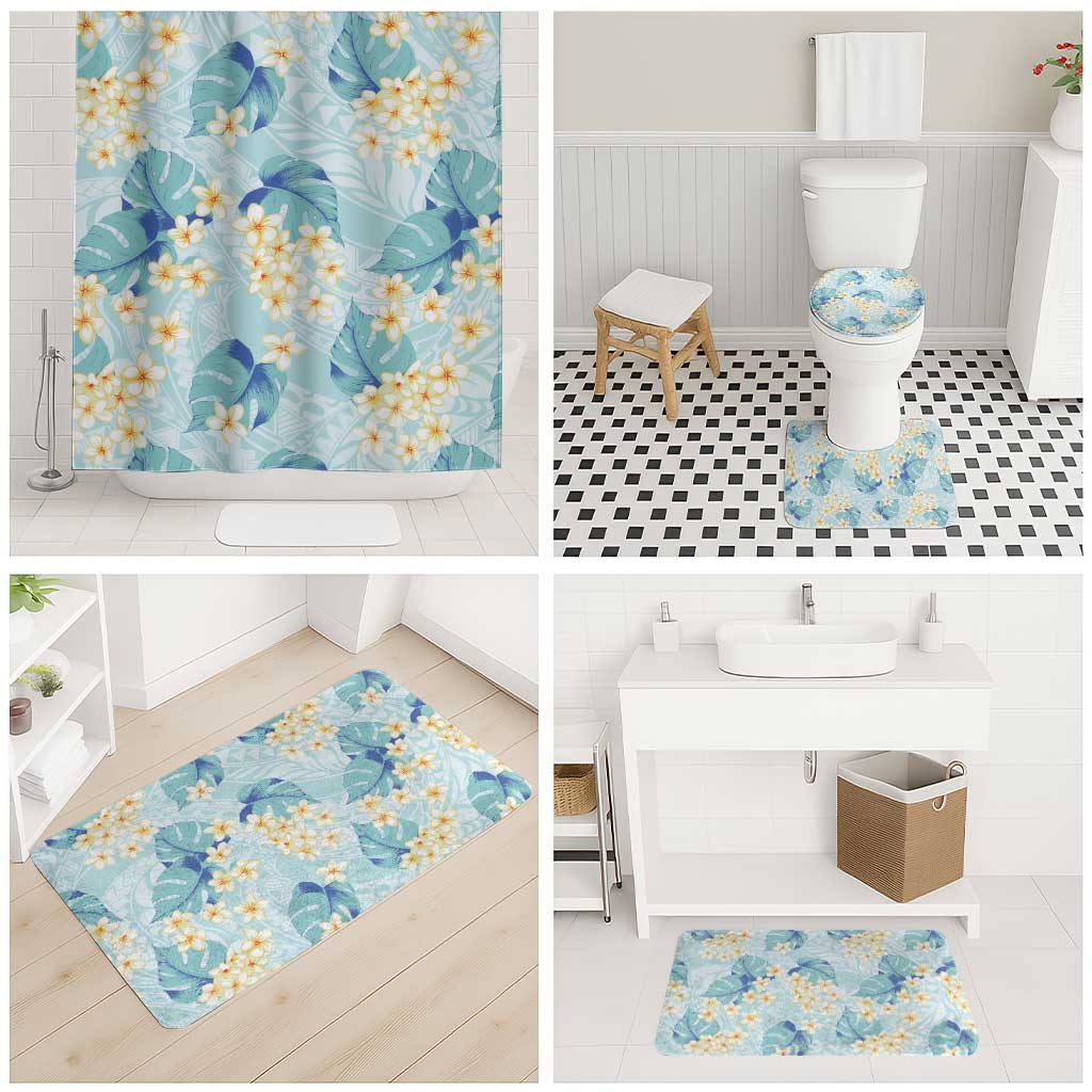 Pastel Cyan Tropical Hawaii Bathroom Set Seamless Monstera Plumeria Hawaiian Pattern - Polynesian Pride