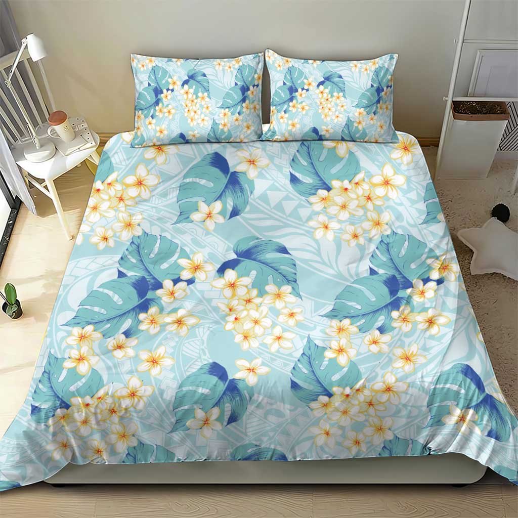 Pastel Cyan Tropical Hawaii Bedding Set Seamless Monstera Plumeria Hawaiian Pattern - Polynesian Pride