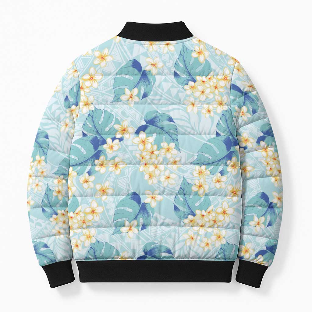 Pastel Cyan Tropical Hawaii Bomber Puffer Jacket Seamless Monstera Plumeria Hawaiian Pattern - Polynesian Pride