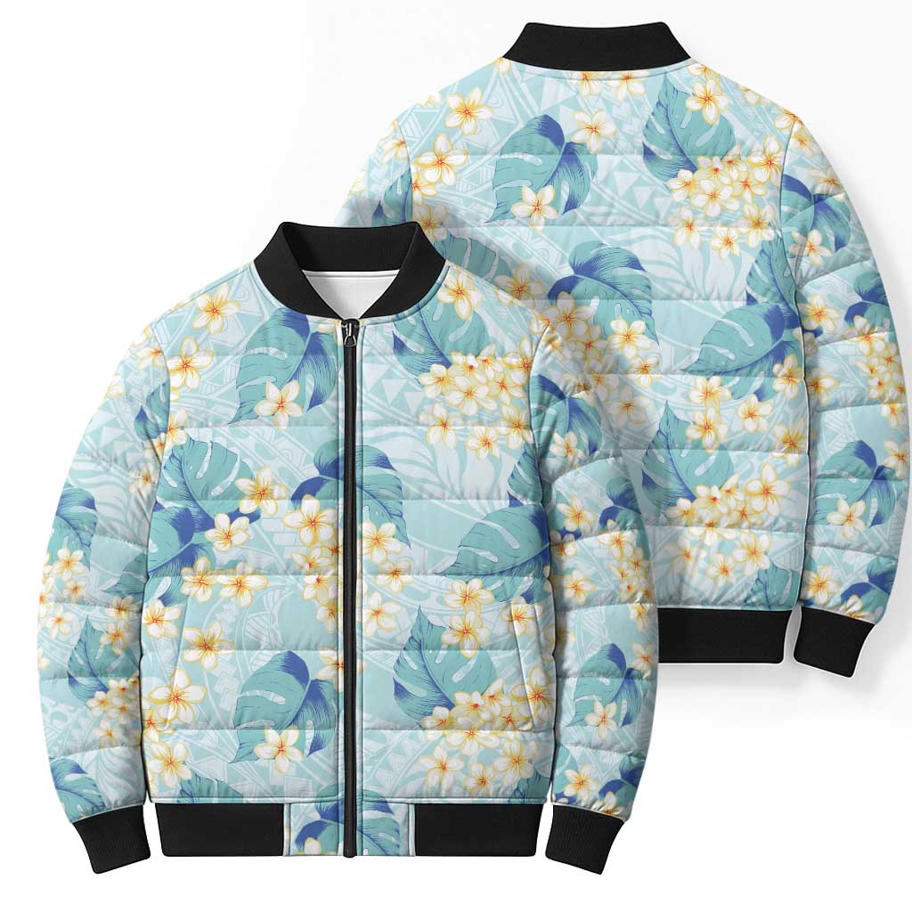 Pastel Cyan Tropical Hawaii Bomber Puffer Jacket Seamless Monstera Plumeria Hawaiian Pattern - Polynesian Pride