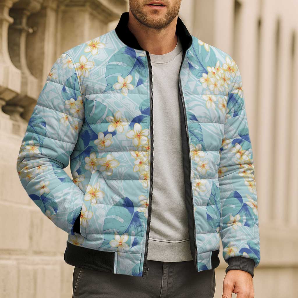 Pastel Cyan Tropical Hawaii Bomber Puffer Jacket Seamless Monstera Plumeria Hawaiian Pattern - Polynesian Pride