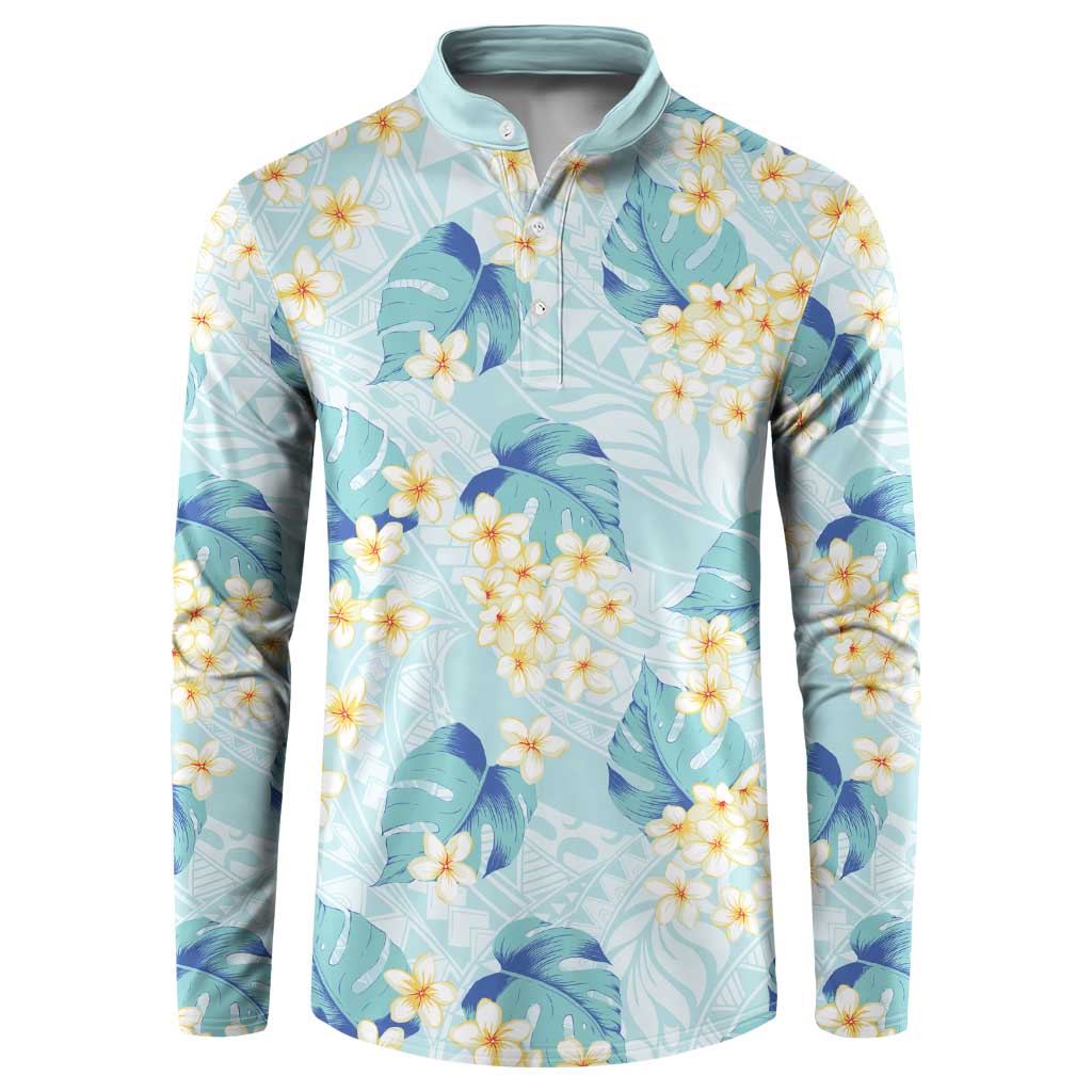 Pastel Cyan Tropical Hawaii Button Sweatshirt Seamless Monstera Plumeria Hawaiian Pattern - Polynesian Pride