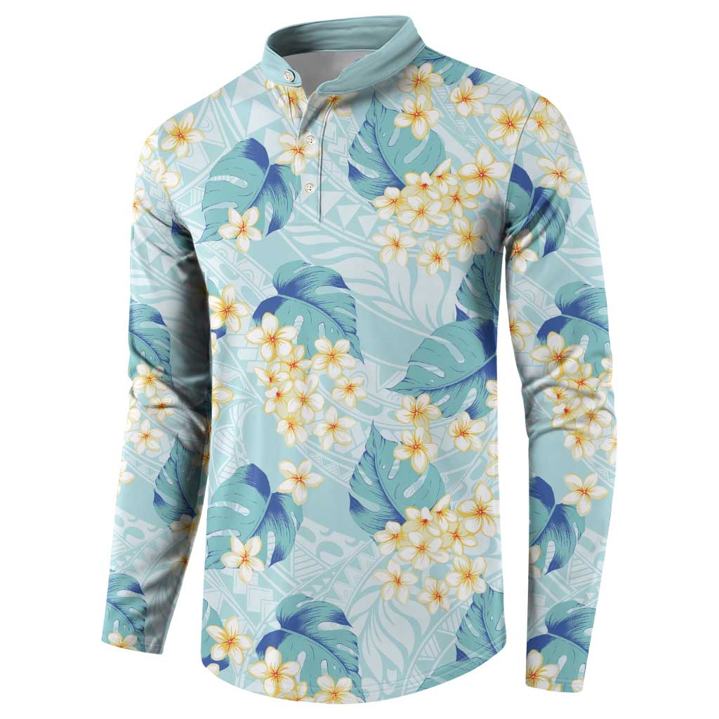 Pastel Cyan Tropical Hawaii Button Sweatshirt Seamless Monstera Plumeria Hawaiian Pattern - Polynesian Pride